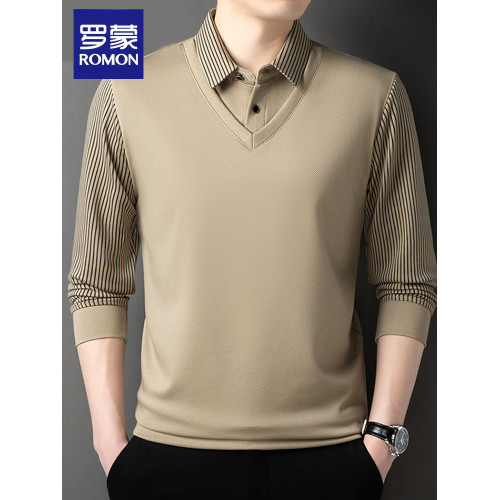 羅矇假兩件男士長袖t恤秋冬季新款爸爸裝休閒翻領上衣打底衫男