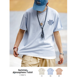 馬登工裝 美式休閒馬卡龍短袖t恤字母印花天藍色純棉圓領體恤男夏