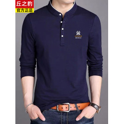 男裝春秋薄款立領純棉長袖t恤男秋裝上衣男士冬季加厚紅色打底衫