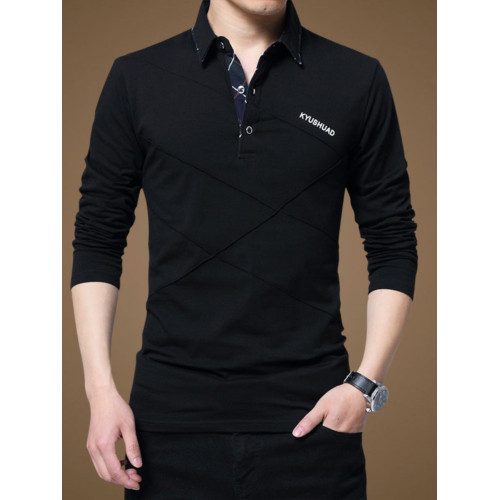 秋裝男士體恤有領純棉長袖T恤翻領加大碼單穿修身上衣胖人打底衫