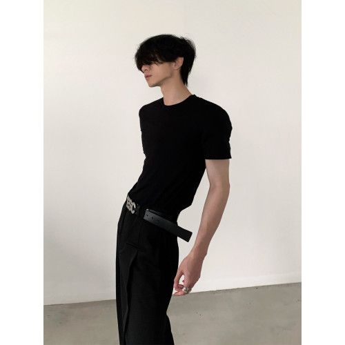 秋山風/小衆高級感修身短恤男夏季冰絲內搭打底衫黑色緊身正肩t恤 秋山風/小衆高級感修身短恤男夏季冰絲內搭打底衫黑色緊身正肩t恤