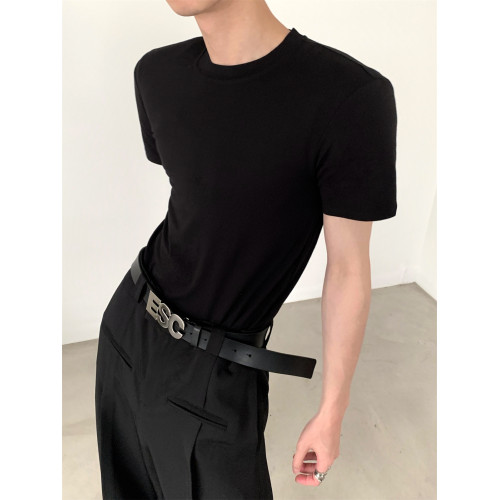 秋山風/小衆高級感修身短恤男夏季冰絲內搭打底衫黑色緊身正肩t恤 秋山風/小衆高級感修身短恤男夏季冰絲內搭打底衫黑色緊身正肩t恤