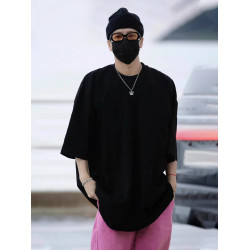 王嘉爾同款秋季春美式短袖t恤男休閒寬松純色純棉重磅圓領七分袖