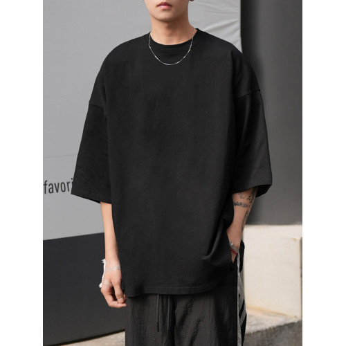 王嘉爾同款秋季春美式短袖t恤男休閒寬松純色純棉重磅圓領七分袖 王嘉爾同款秋季春美式短袖t恤男休閒寬松純色純棉重磅圓領七分袖