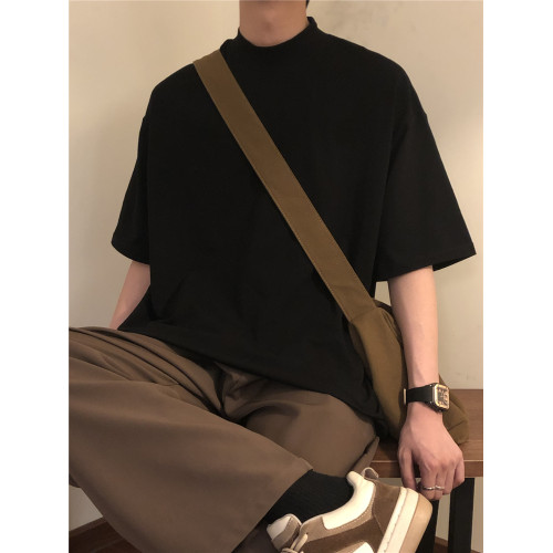 日系新款潮牌黑色半高領T恤男ina高街百搭純色短袖寬松五分袖上衣 日系新款潮牌黑色半高領T恤男ina高街百搭純色短袖寬松五分袖上衣