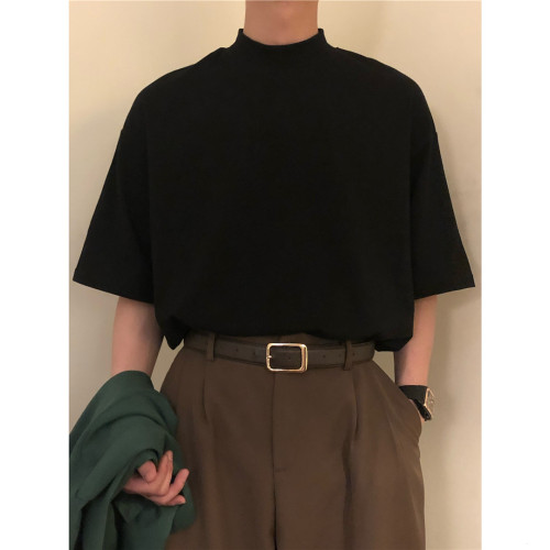 日系新款潮牌黑色半高領T恤男ina高街百搭純色短袖寬松五分袖上衣 日系新款潮牌黑色半高領T恤男ina高街百搭純色短袖寬松五分袖上衣