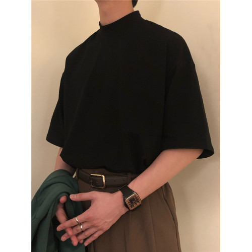 日系新款潮牌黑色半高領T恤男ina高街百搭純色短袖寬松五分袖上衣 日系新款潮牌黑色半高領T恤男ina高街百搭純色短袖寬松五分袖上衣