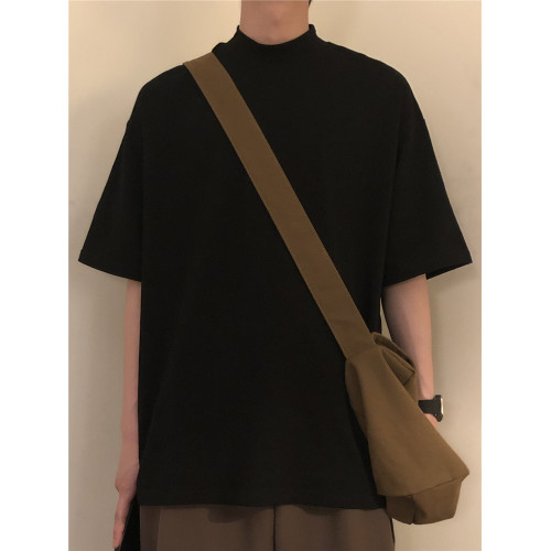 日系新款潮牌黑色半高領T恤男ina高街百搭純色短袖寬松五分袖上衣 日系新款潮牌黑色半高領T恤男ina高街百搭純色短袖寬松五分袖上衣