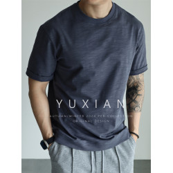 YUXIAN日系竹節棉抗菌透氣純棉寬松短袖圓領T恤精梳棉休閒春夏季