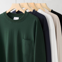oversize純棉口袋款長袖t恤男秋季休閒圓領打底衫女純色內搭上衣