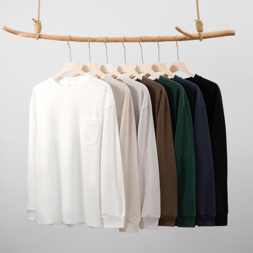 oversize純棉口袋款長袖t恤男秋季休閒圓領打底衫女純色內搭上衣 oversize純棉口袋款長袖t恤男秋季休閒圓領打底衫女純色內搭上衣