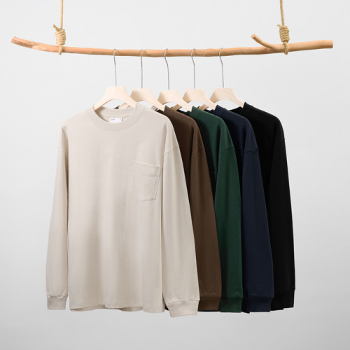 oversize純棉口袋款長袖t恤男秋季休閒圓領打底衫女純色內搭上衣 oversize純棉口袋款長袖t恤男秋季休閒圓領打底衫女純色內搭上衣