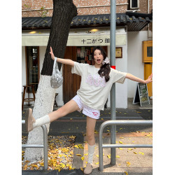 FORUYES官方店 春夏貼布綉碎花國潮牌情侶男女寬松打底衫T恤短袖