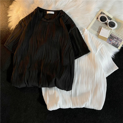 高級感波浪紋短袖t恤男女百搭潮流情侶高街五分袖圓領體恤衫上衣 高級感波浪紋短袖t恤男女百搭潮流情侶高街五分袖圓領體恤衫上衣