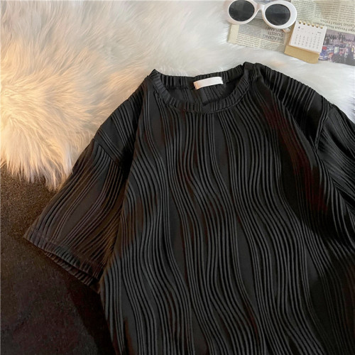 高級感波浪紋短袖t恤男女百搭潮流情侶高街五分袖圓領體恤衫上衣 高級感波浪紋短袖t恤男女百搭潮流情侶高街五分袖圓領體恤衫上衣