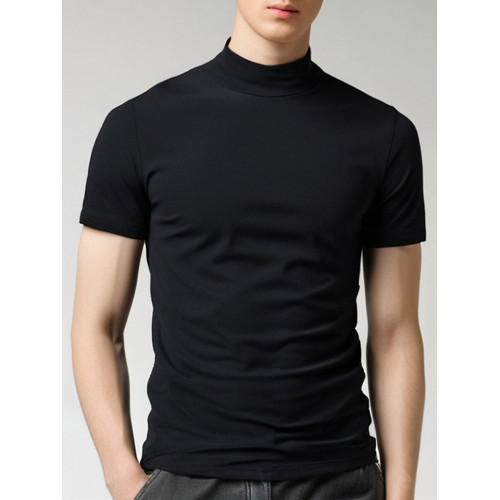 夏季半高領短袖t恤男款中領半袖打底衫2025新款高級感黑色上衣服 夏季半高領短袖t恤男款中領半袖打底衫2025新款高級感黑色上衣服