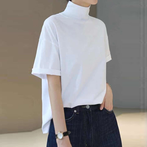 小衆設計感半高領t恤文藝範男女寬松短袖ins洋氣中領體恤親膚舒適