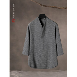 風男裝夏季復古風冰絲T恤短袖男士套裝上衣V領中式漢服七分袖