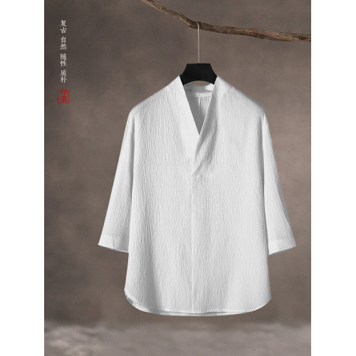 風男裝夏季復古風冰絲T恤短袖男士套裝上衣V領中式漢服七分袖 風男裝夏季復古風冰絲T恤短袖男士套裝上衣V領中式漢服七分袖