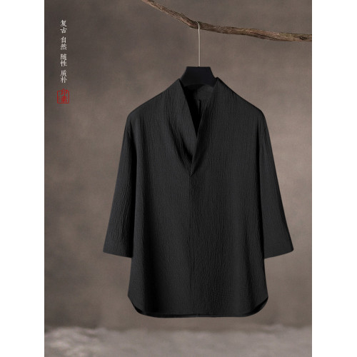 風男裝夏季復古風冰絲T恤短袖男士套裝上衣V領中式漢服七分袖 風男裝夏季復古風冰絲T恤短袖男士套裝上衣V領中式漢服七分袖