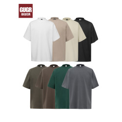 GUGR 300g磨毛棉感 重磅抗皺 夏季美式小領口短袖男女落肩T恤上衣
