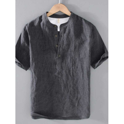 特大碼300斤復古亞麻短袖t恤男夏季薄款寬松棉麻立領休閒半袖上衣