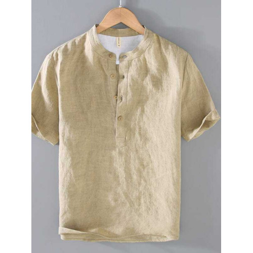 特大碼300斤復古亞麻短袖t恤男夏季薄款寬松棉麻立領休閒半袖上衣