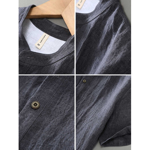 特大碼300斤復古亞麻短袖t恤男夏季薄款寬松棉麻立領休閒半袖上衣