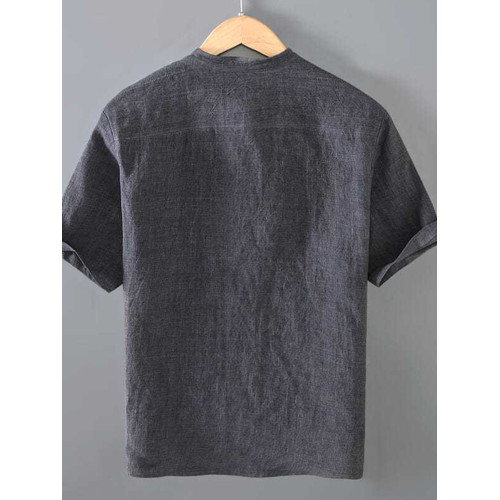 特大碼300斤復古亞麻短袖t恤男夏季薄款寬松棉麻立領休閒半袖上衣