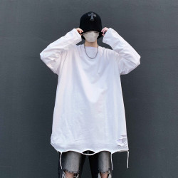 打底衫下擺破洞白色男生美式高街內搭潮破壞曡穿秋季衛衣長袖T恤