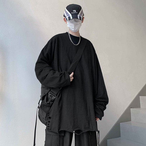 打底衫下擺破洞白色男生美式高街內搭潮破壞曡穿秋季衛衣長袖T恤 打底衫下擺破洞白色男生美式高街內搭潮破壞曡穿秋季衛衣長袖T恤