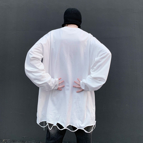 打底衫下擺破洞白色男生美式高街內搭潮破壞曡穿秋季衛衣長袖T恤 打底衫下擺破洞白色男生美式高街內搭潮破壞曡穿秋季衛衣長袖T恤