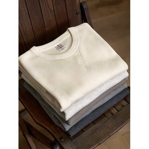 美式復古320G重磅長袖t恤男純棉秋季阿美哢嘰華夫格純色打底衫男