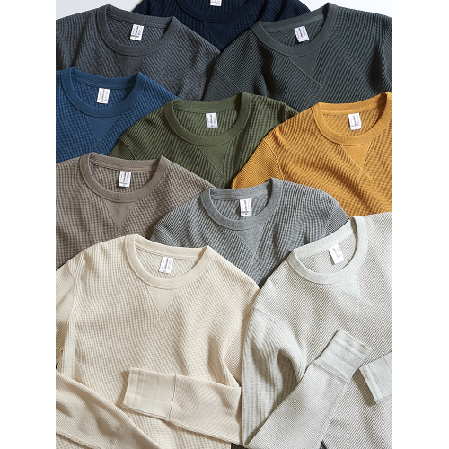 美式復古320G重磅長袖t恤男純棉秋季阿美哢嘰華夫格純色打底衫男