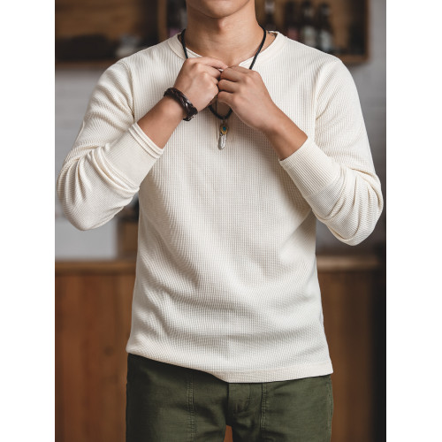 馬登工裝 美式復古重磅華夫格亨利衫阿美哢嘰內搭打底長袖T恤男春