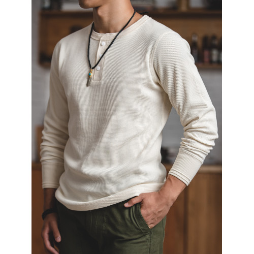 馬登工裝 美式復古重磅華夫格亨利衫阿美哢嘰內搭打底長袖T恤男春