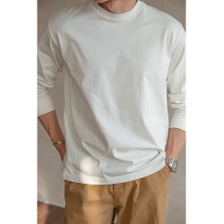 唔刃阿美哢嘰300g重磅長袖T恤美式復古小領口寬松男白色打底衫春