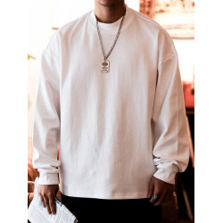 BGYO鹿起 美式休閒重磅長袖T恤男寬松小領口設計白色大碼打底衫潮