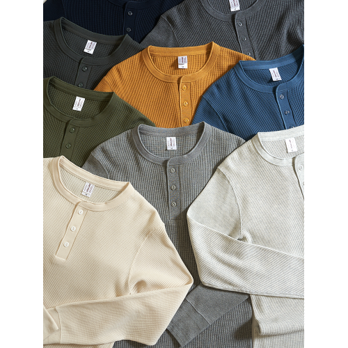 美式復古亨利領320G重磅長袖t恤男純棉 秋季哢嘰華夫格純色打底衫 美式復古亨利領320G重磅長袖t恤男純棉 秋季哢嘰華夫格純色打底衫