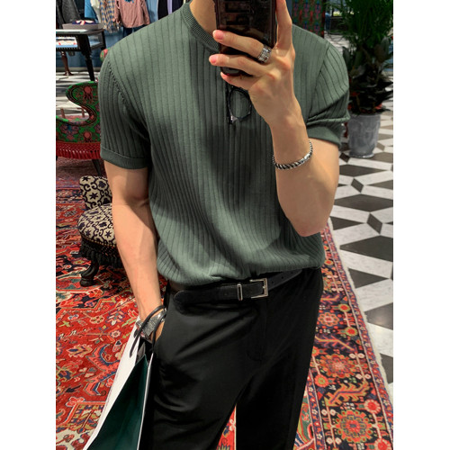 MRCYC老錢風薄款條紋短袖針織衫男士夏季韓系修身彈力圓領針織t恤