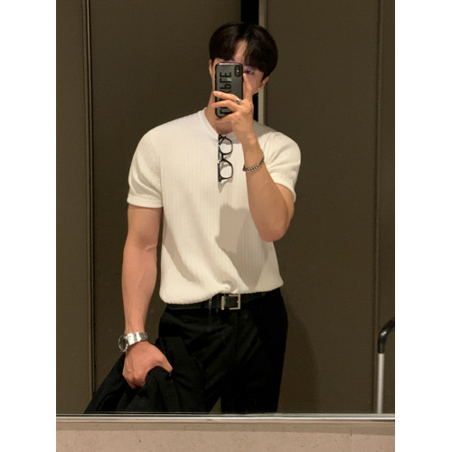 MRCYC老錢風薄款條紋短袖針織衫男士夏季韓系修身彈力圓領針織t恤