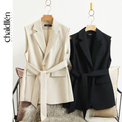 VastGlad 時尚西裝馬甲女新款春秋英倫休閒韓版無袖外搭米色885