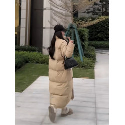 冬季高級韓版氣質寬松加厚純色立領長款保暖羽絨服棉服過膝外套女