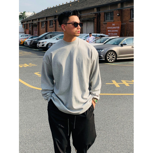 420G重磅純棉美式小領口長袖t恤男春秋季寬鬆打底衫新款白色上衣