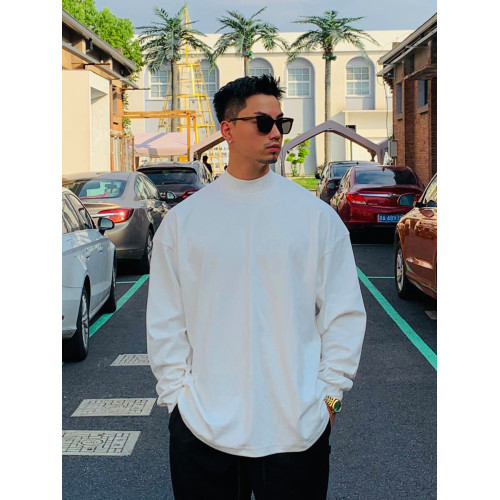 420G重磅純棉美式小領口長袖t恤男春秋季寬鬆打底衫新款白色上衣