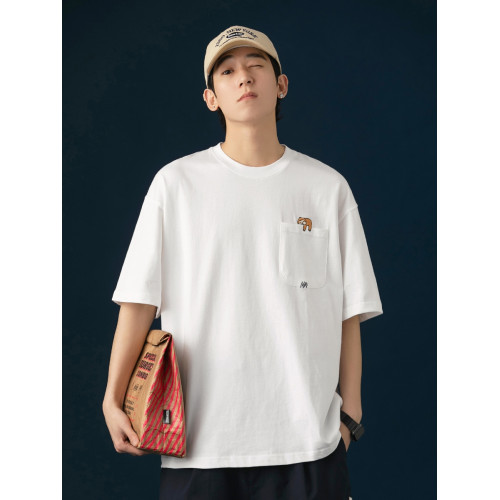 250G雙紗 夏季純棉短袖T恤男卡通刺綉短tee潮牌百搭休閒體恤衫男