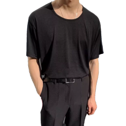 全棉透氣低領大圓領男士短袖寬松T恤 簡約休閒內搭純色大碼打底衫