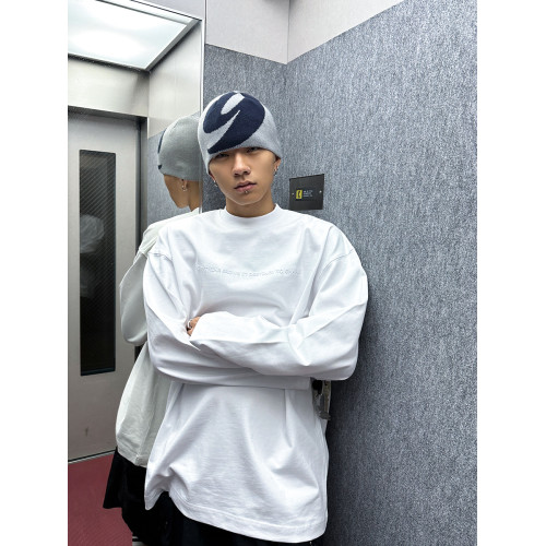 富士見 320g重磅美式字母刺綉小領口長袖T恤上衣男春秋內搭打底衫