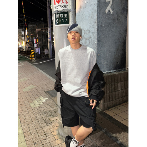 富士見 320g重磅美式字母刺綉小領口長袖T恤上衣男春秋內搭打底衫