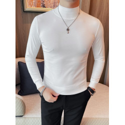 男士中領長袖彈力打底衫韓版修身純色春秋季百搭款半高領T恤潮流